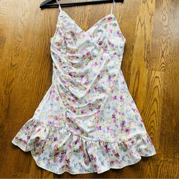 MAJORELLE Melville Watercolor Satin Floral Ruffle Hem Mini Dress Size L - Picture 5 of 15